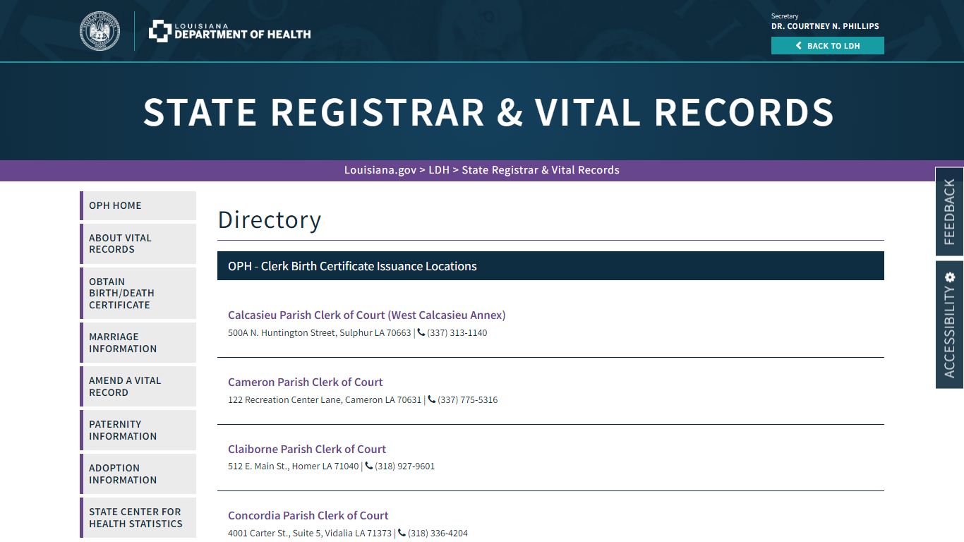 OPH - Clerk Birth Certificate Issuance Locations | La Dept. of Health